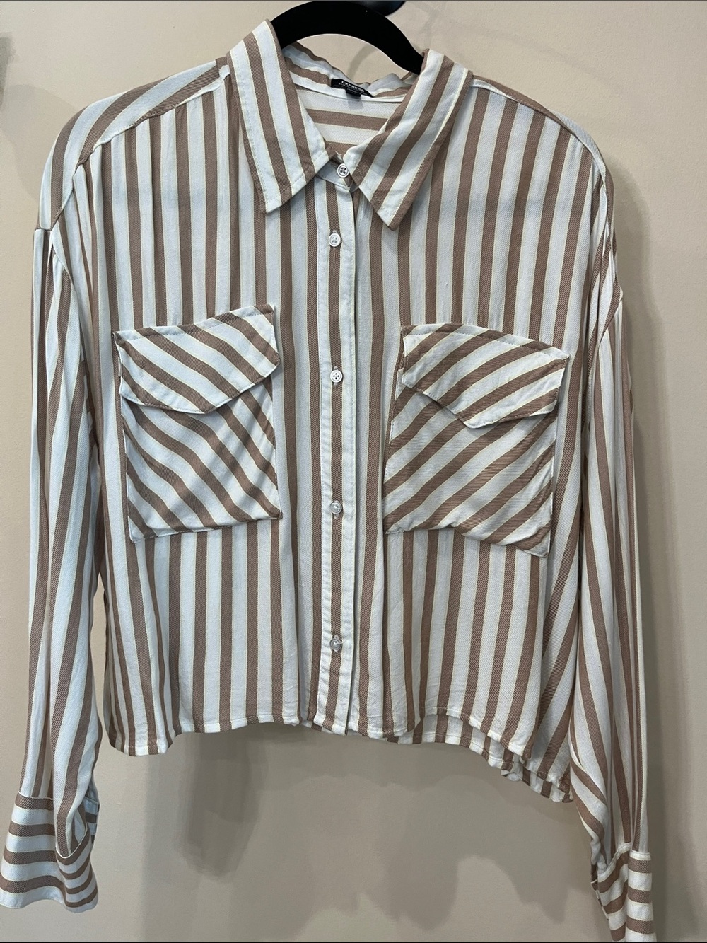 Express Beige, Yellow and White Striped Button-Down Shirt